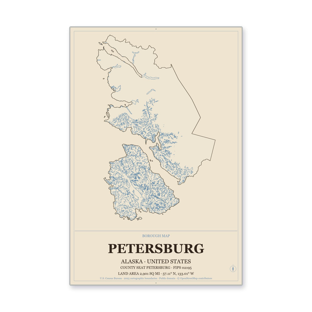 Petersburg Borough, Alaska Map Aluminum Sign in Heritage Nautical style