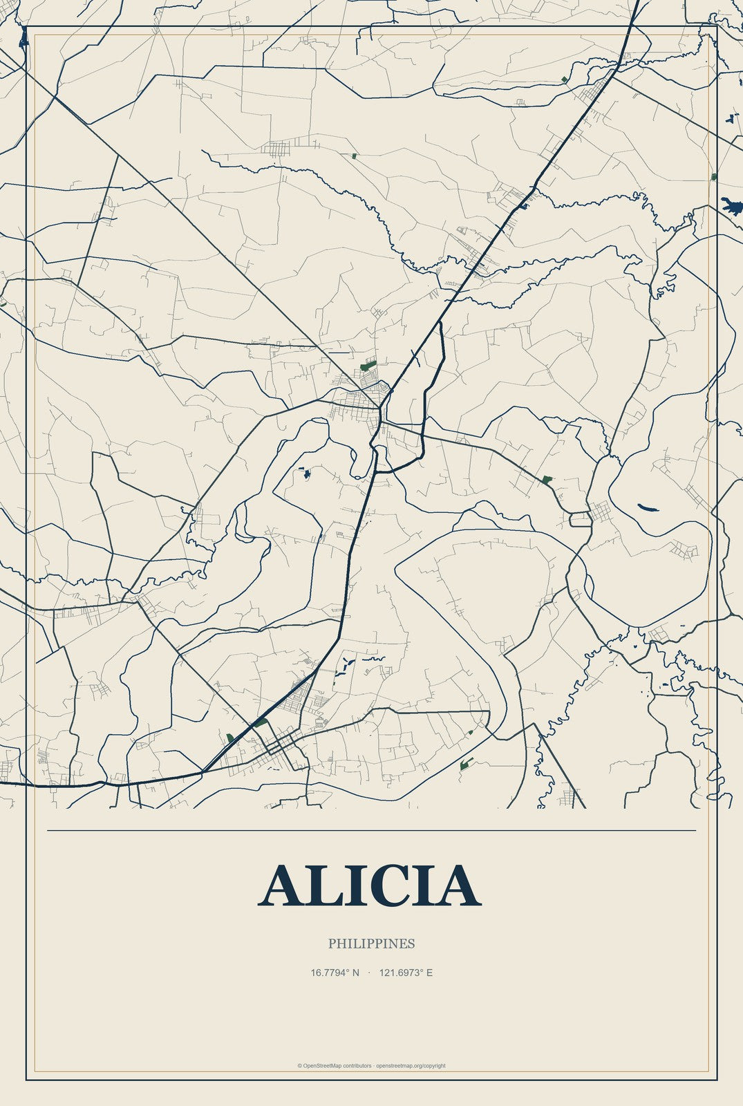 Alicia, Philippines City Map Aluminum Sign in Coastal Cutout style