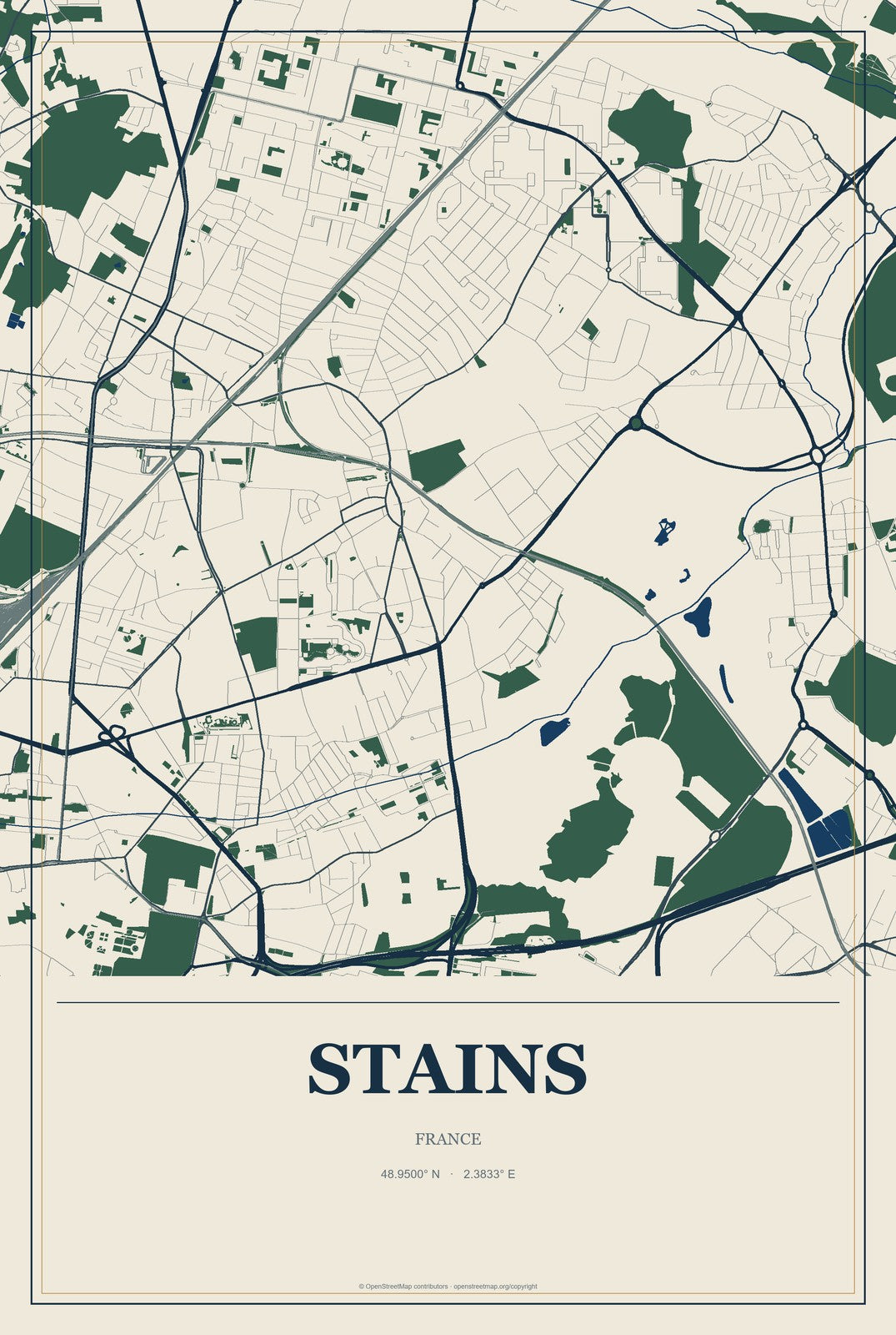 Stains, France City Map Aluminum Sign in Coastal Cutout style