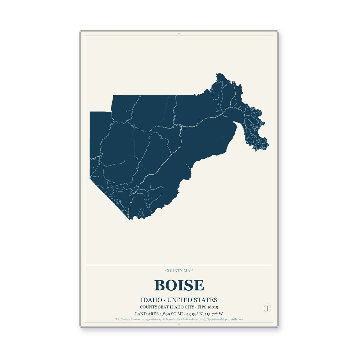 Boise County, Idaho Map Aluminum Sign in Coastal Cutout style