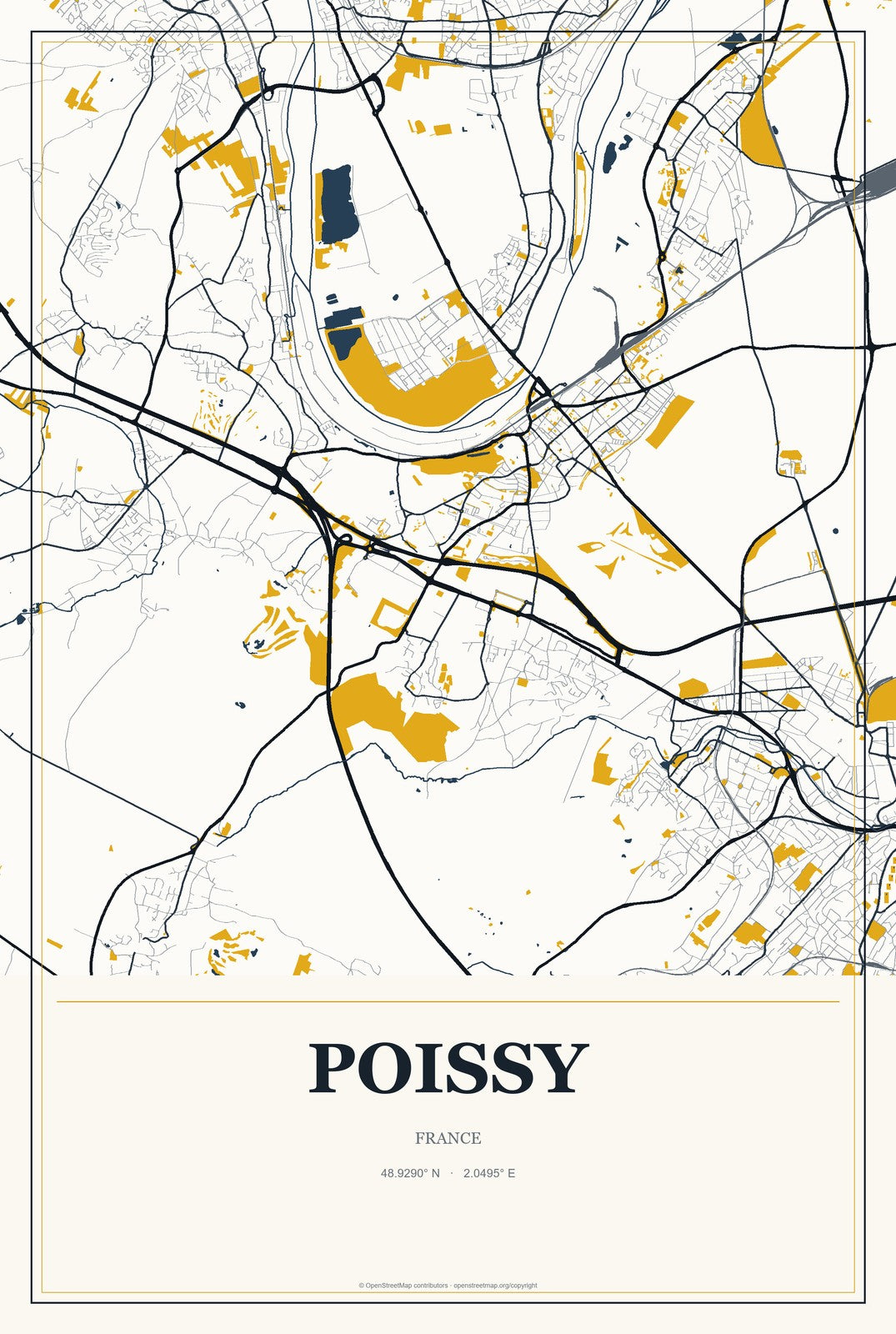 Poissy, France City Map Aluminum Sign in Citrine Modern style