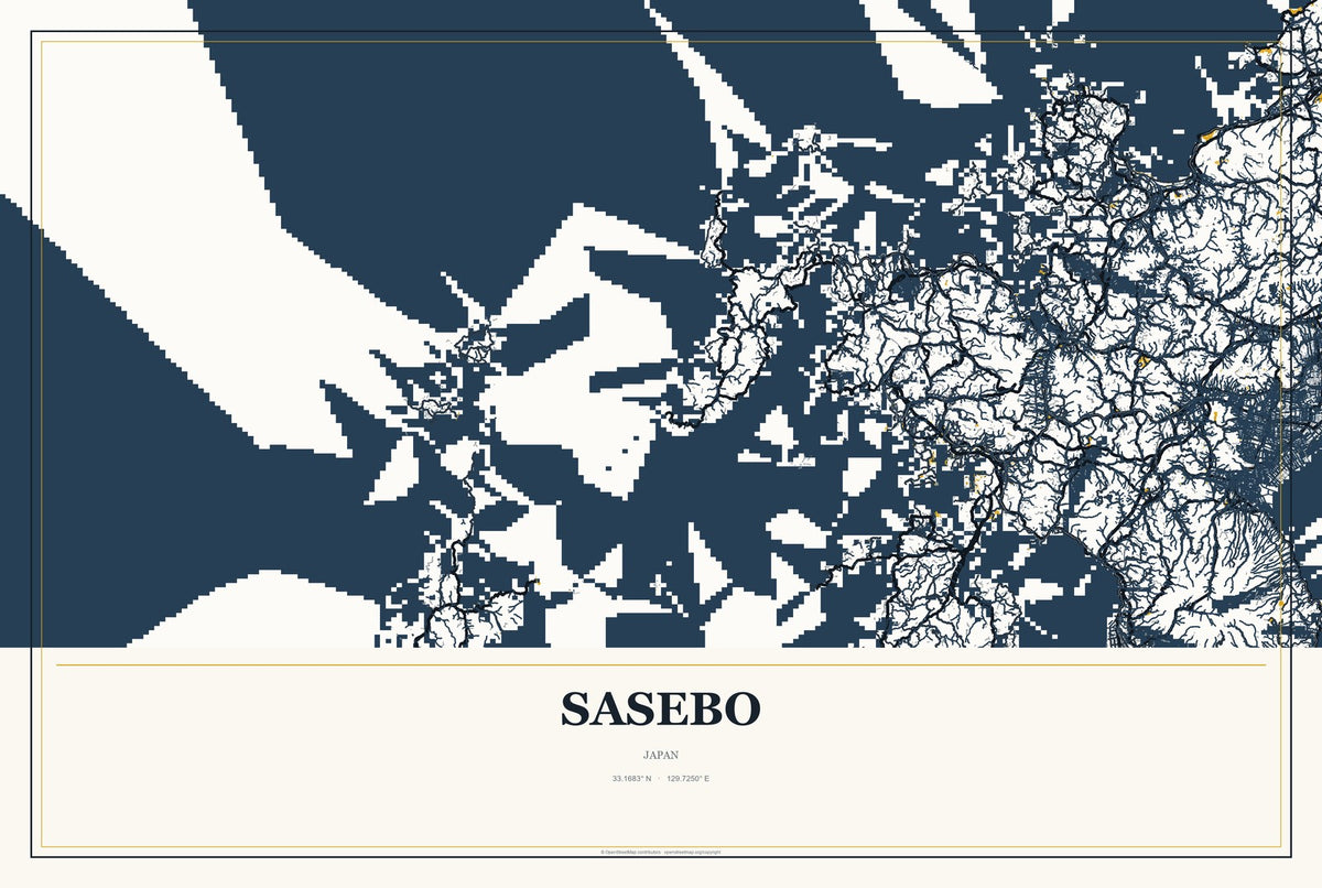 Sasebo, Japan City Map Aluminum Sign in Citrine Modern style