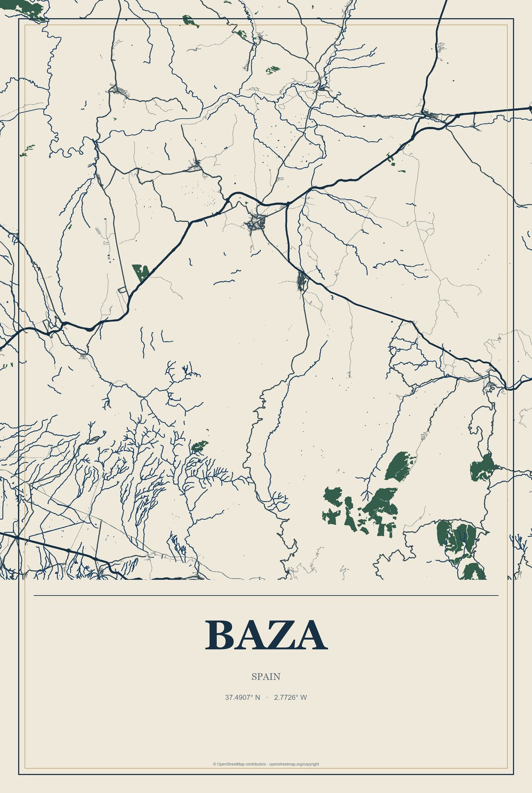 Baza, Spain City Map Aluminum Sign in Coastal Cutout style