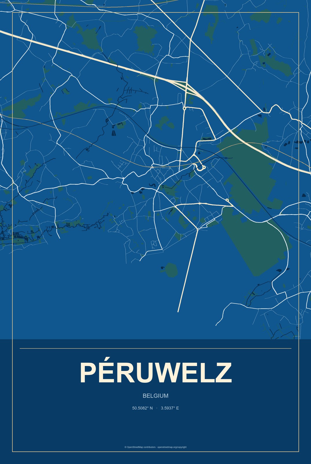 Péruwelz, Belgium City Map Aluminum Sign in Harbor Cobalt style