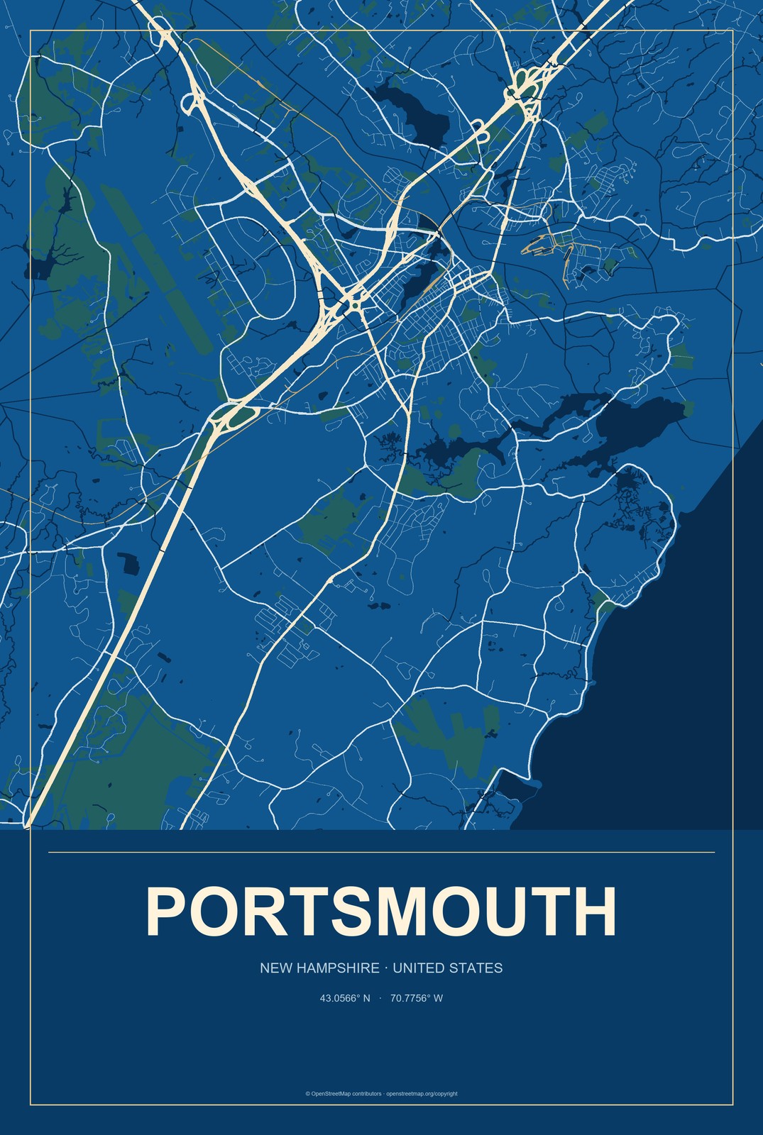 Portsmouth, New Hampshire City Map Aluminum Sign in Harbor Cobalt style