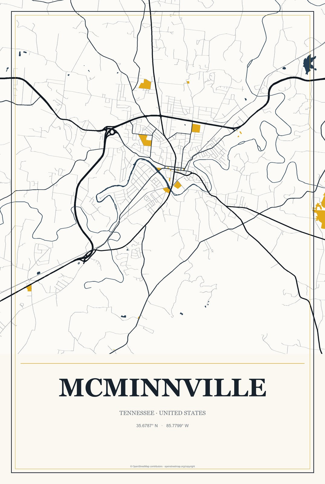 McMinnville, Tennessee City Map Aluminum Sign in Citrine Modern style