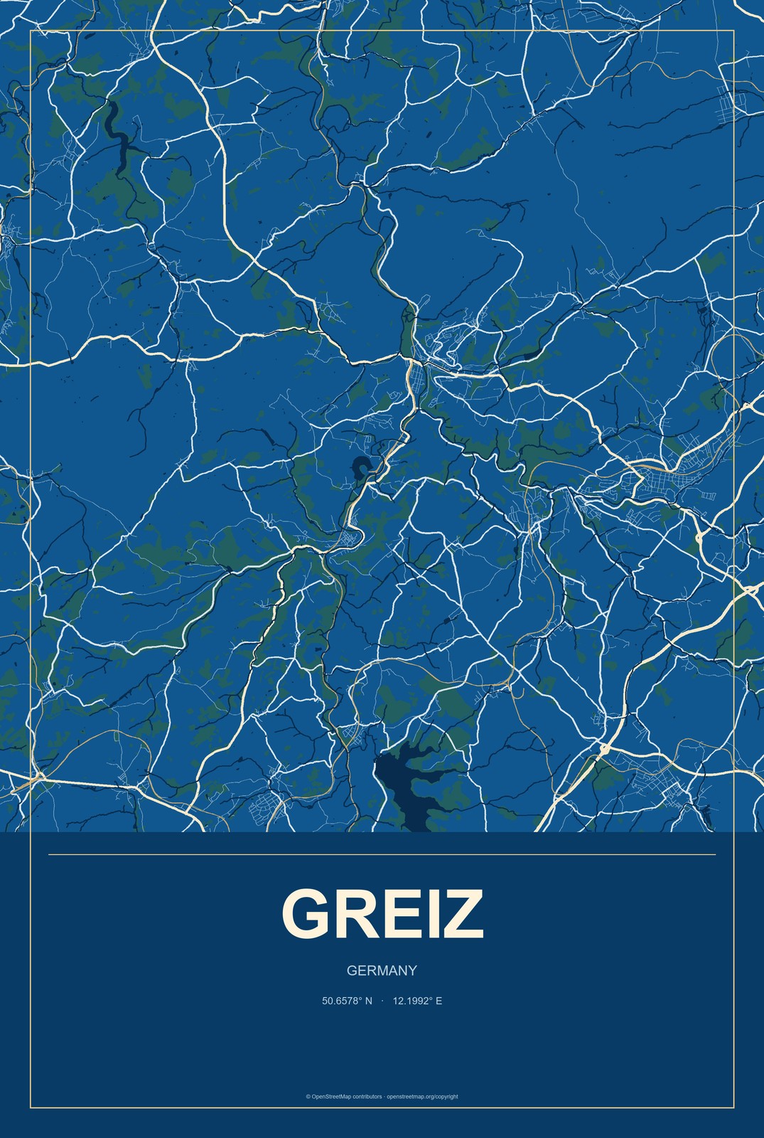 Greiz, Germany City Map Aluminum Sign in Harbor Cobalt style