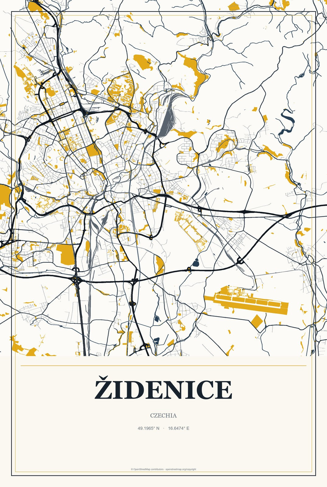 Židenice, Czechia City Map Aluminum Sign in Citrine Modern style