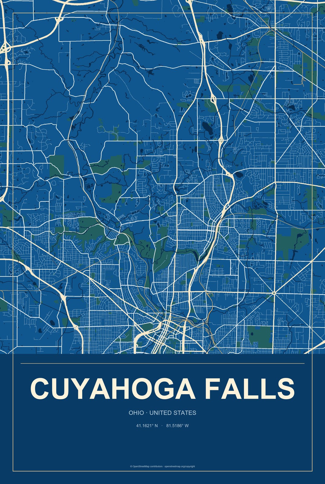 Cuyahoga Falls, Ohio City Map Aluminum Sign in Harbor Cobalt style