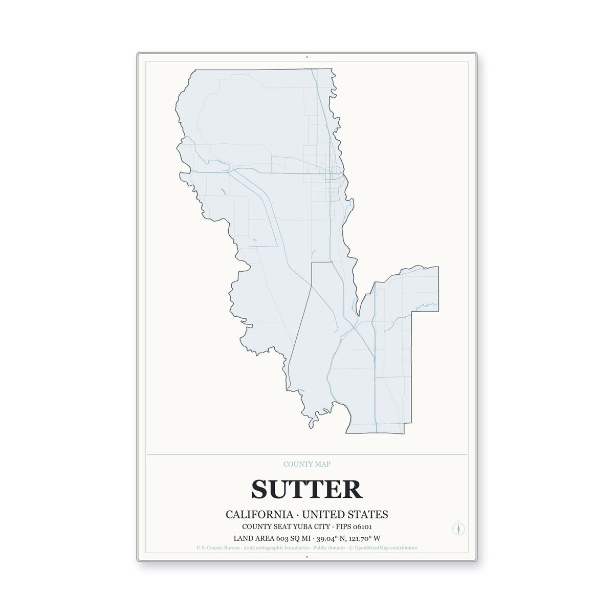 Sutter County, California Map Aluminum Sign in Gallery Air style