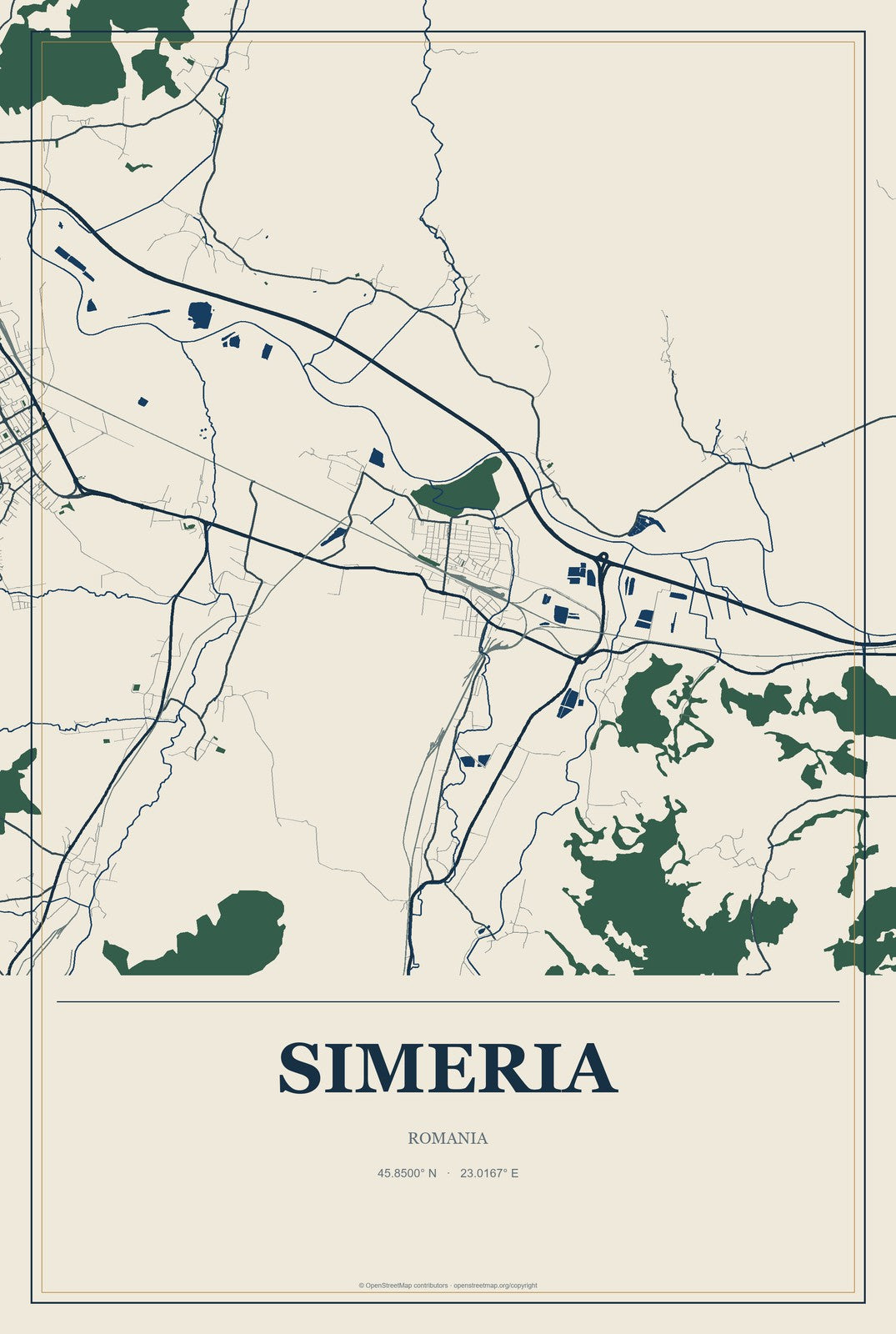 Simeria, Romania City Map Aluminum Sign in Coastal Cutout style