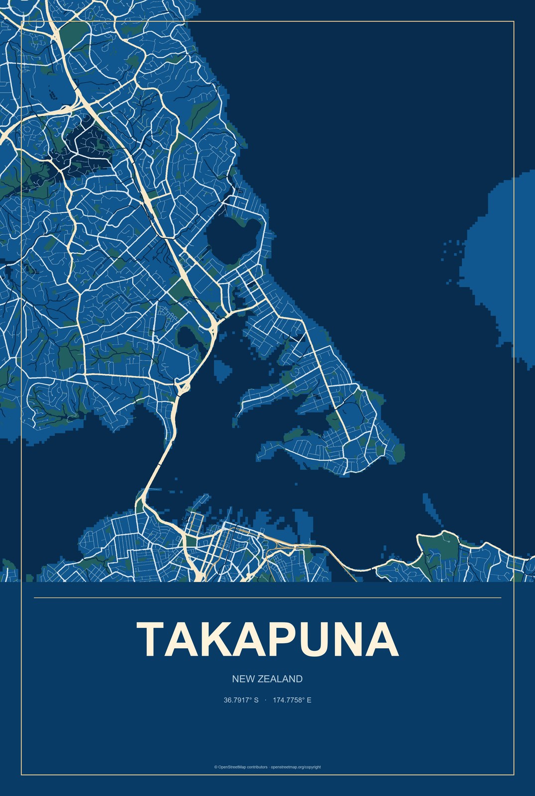 Takapuna, New Zealand City Map Aluminum Sign in Harbor Cobalt style