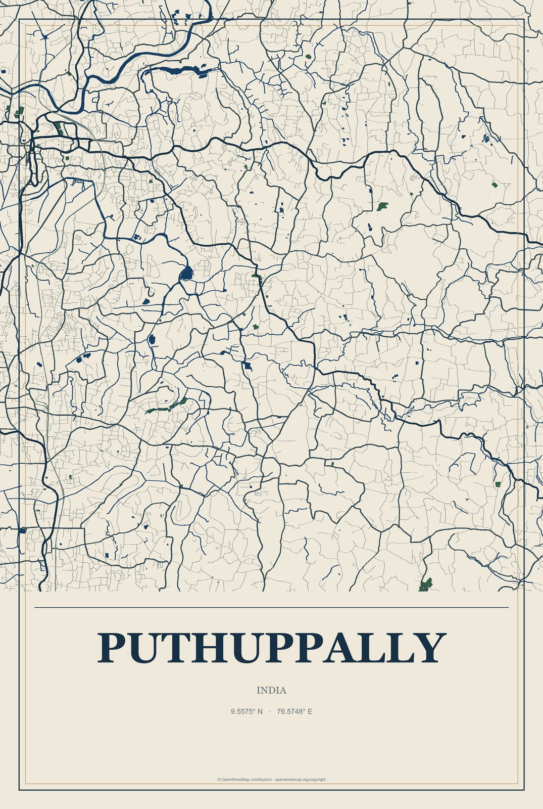 Puthuppally, India City Map Aluminum Sign in Coastal Cutout style
