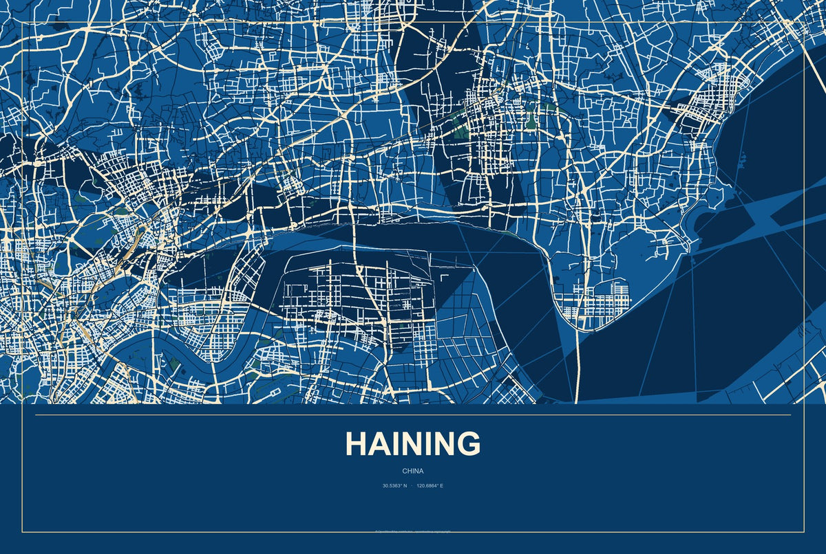 Haining, China City Map Aluminum Sign in Harbor Cobalt style