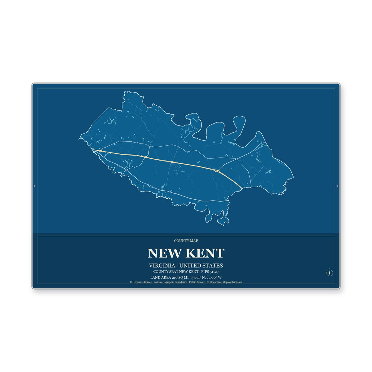New Kent County, Virginia Map Aluminum Sign in Harbor Cobalt style