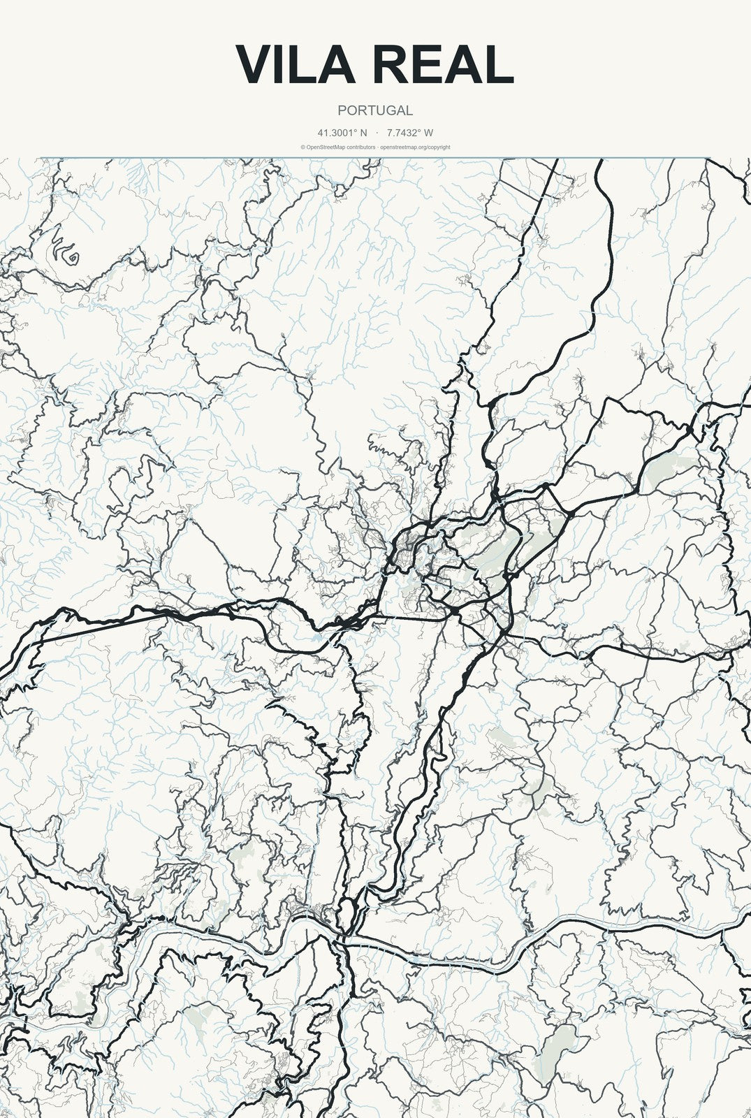 Vila Real, Portugal City Map Aluminum Sign in Headline Atlas style