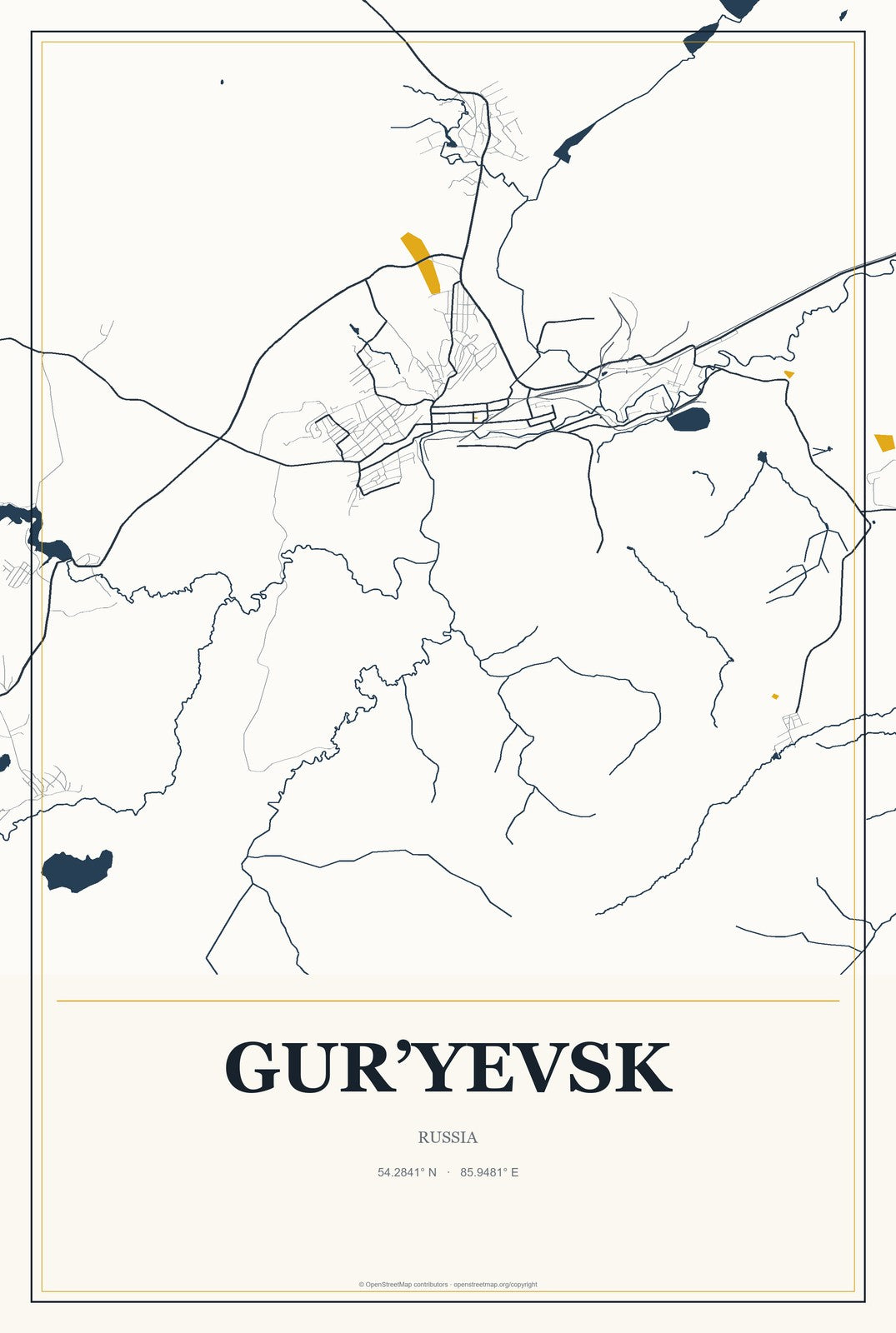 Gur’yevsk, Kuzbass, Russia City Map Aluminum Sign in Citrine Modern style