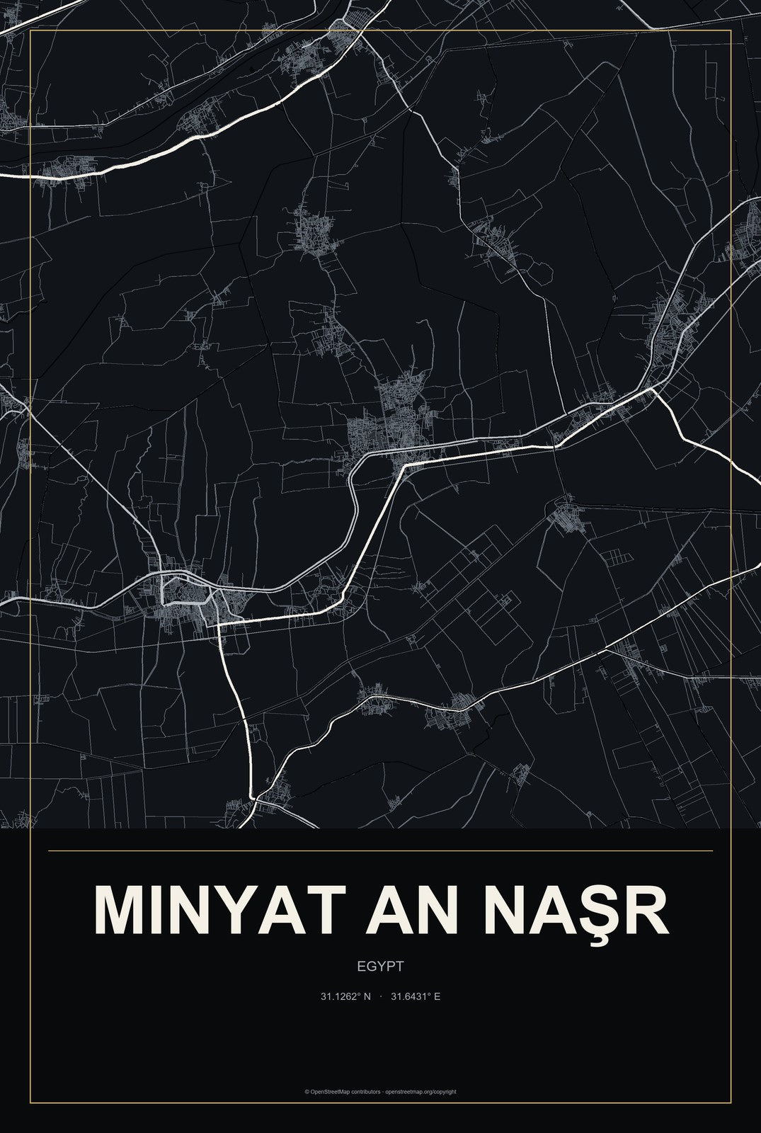 Minyat an Naşr, Egypt City Map Aluminum Sign in Metropolitan Noir style