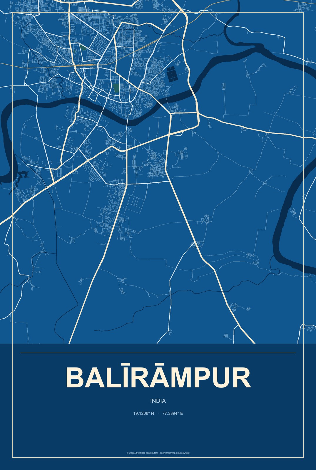 Balīrāmpur, India City Map Aluminum Sign in Harbor Cobalt style