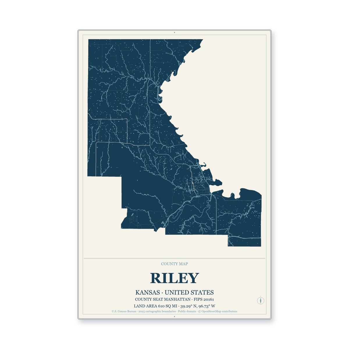 Riley County, Kansas Map Aluminum Sign in Coastal Cutout style