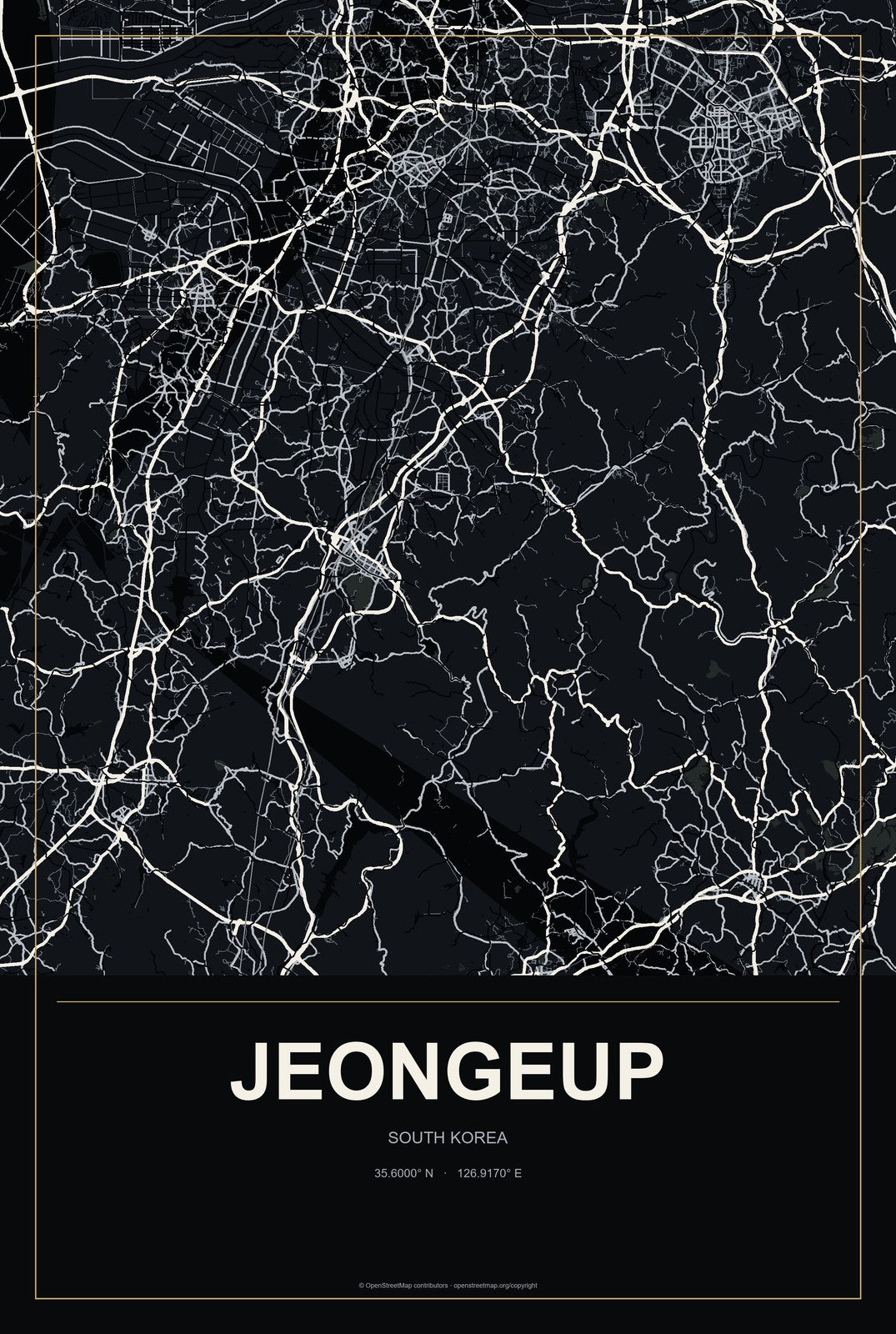 Jeongeup, South Korea City Map Aluminum Sign in Metropolitan Noir style
