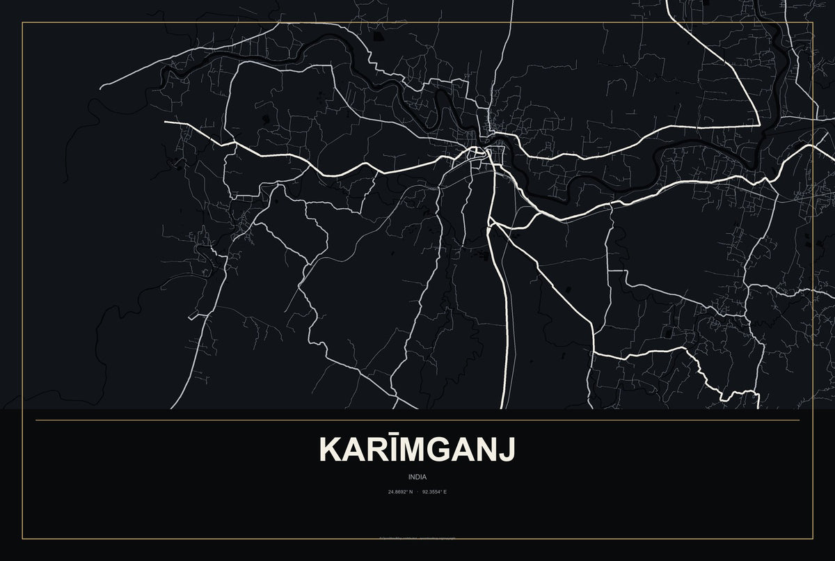 Karīmganj, India City Map Aluminum Sign in Metropolitan Noir style