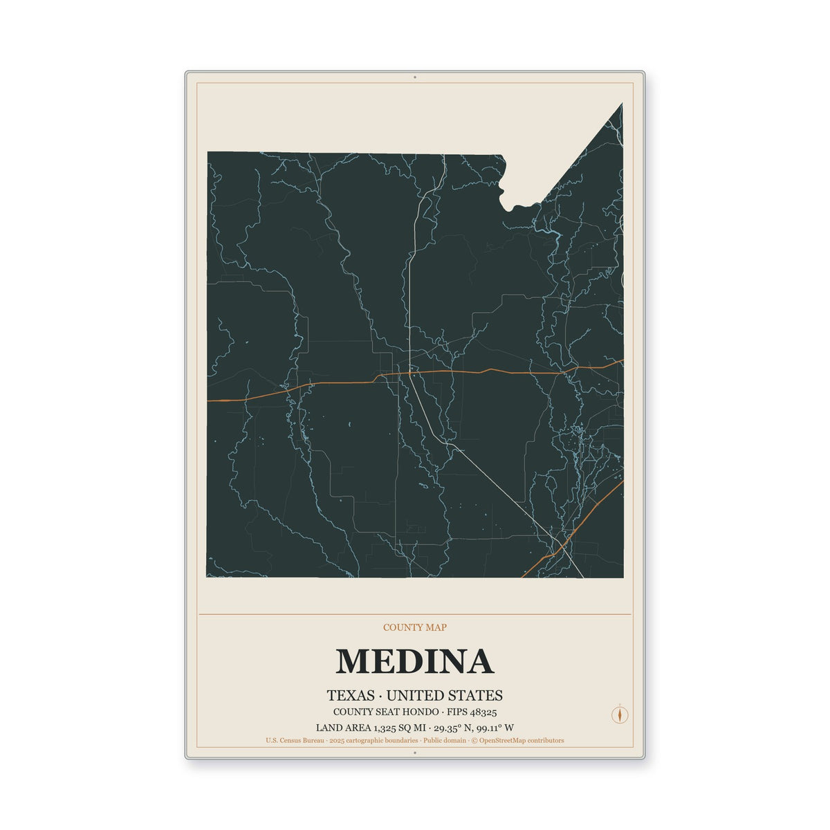 Medina County, Texas Map Aluminum Sign in Headline Atlas style