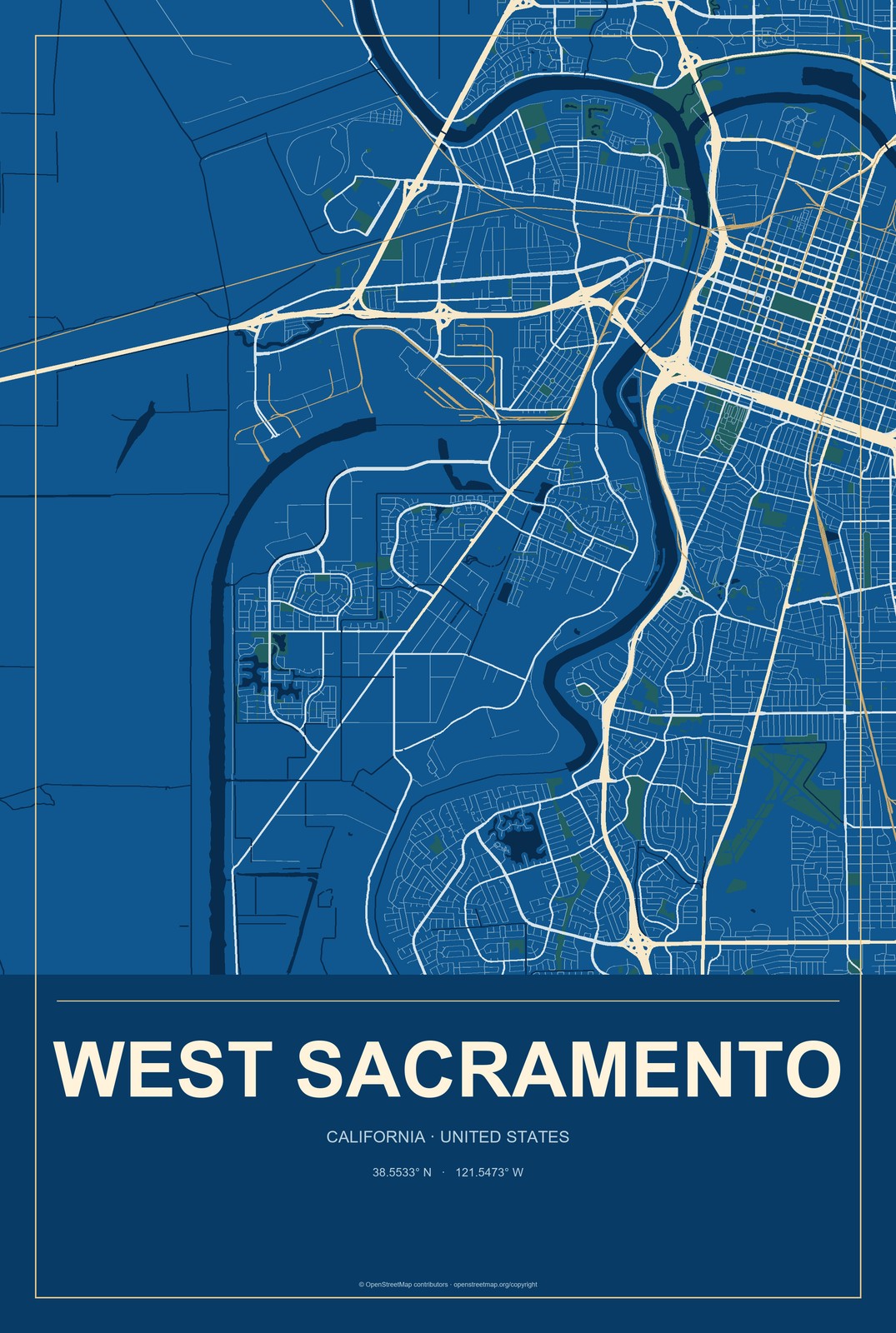 West Sacramento, California City Map Aluminum Sign in Harbor Cobalt style