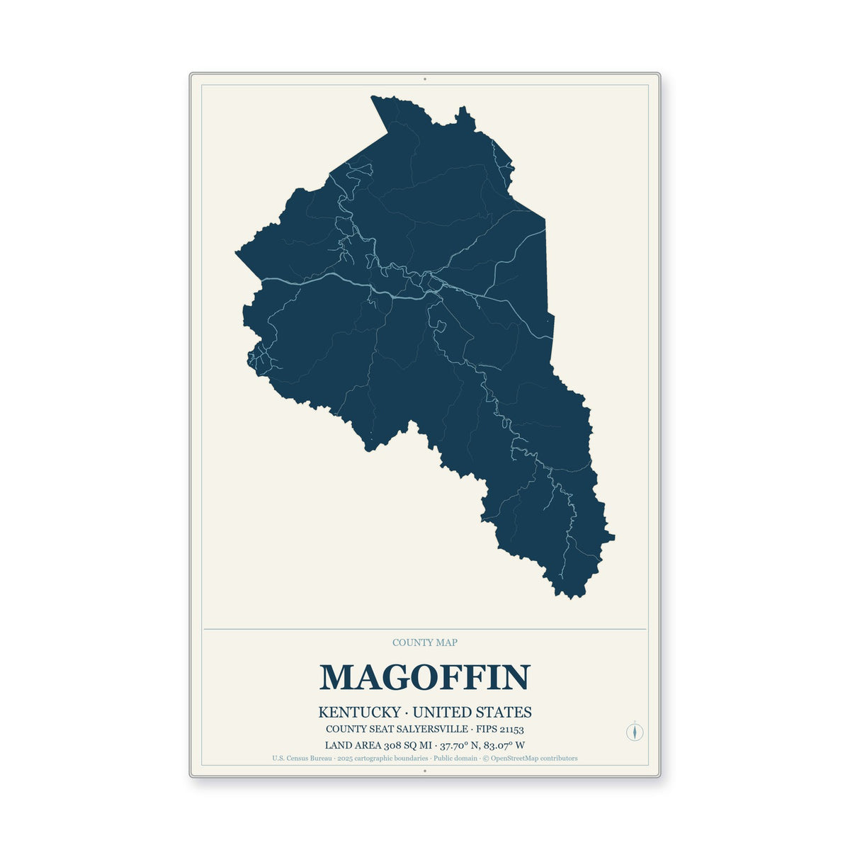 Magoffin County, Kentucky Map Aluminum Sign in Coastal Cutout style