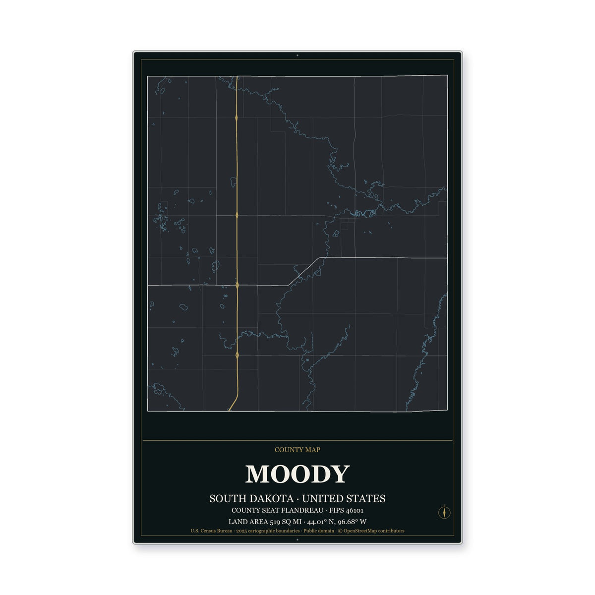 Moody County, South Dakota Map Aluminum Sign in Metropolitan Noir style