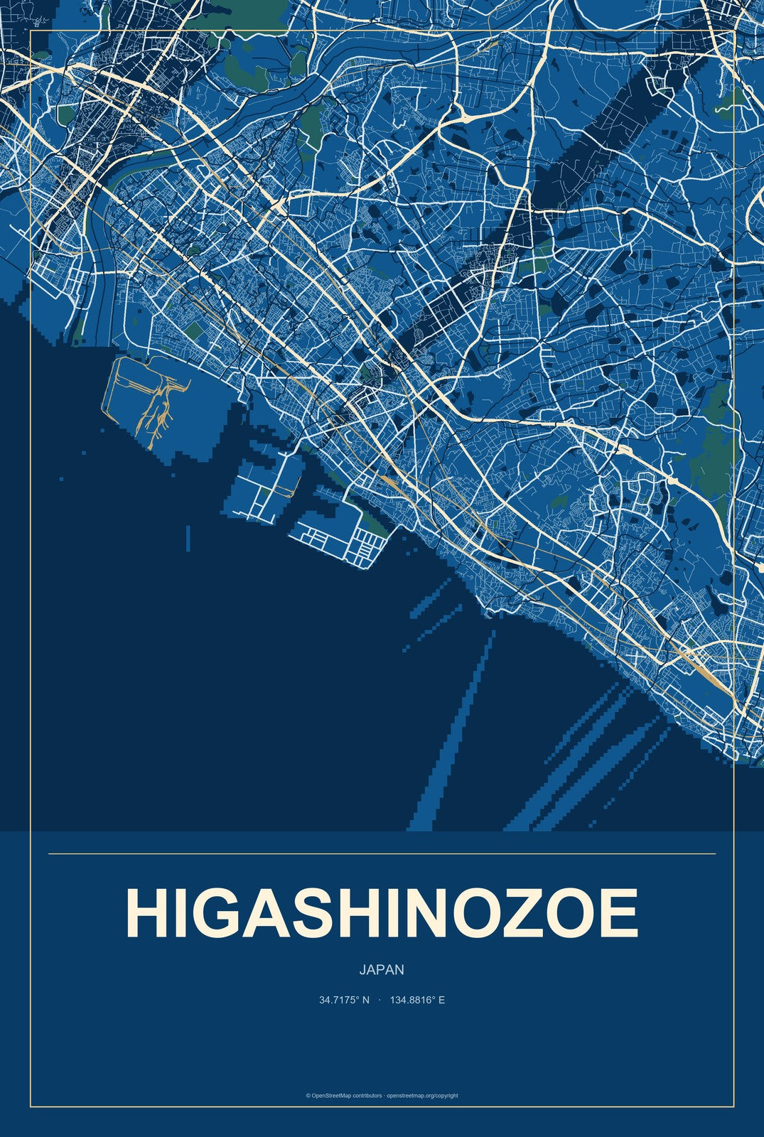 Higashinozoe, Japan City Map Aluminum Sign in Harbor Cobalt style