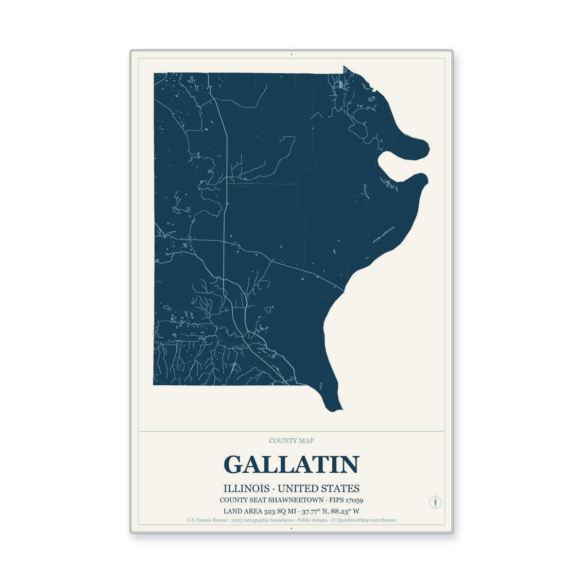 Gallatin County, Illinois Map Aluminum Sign in Coastal Cutout style