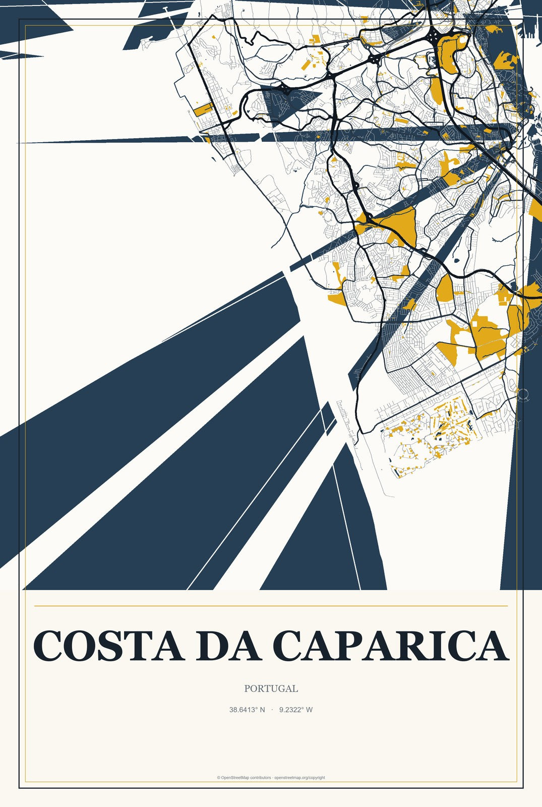 Costa da Caparica, Portugal City Map Aluminum Sign in Citrine Modern style