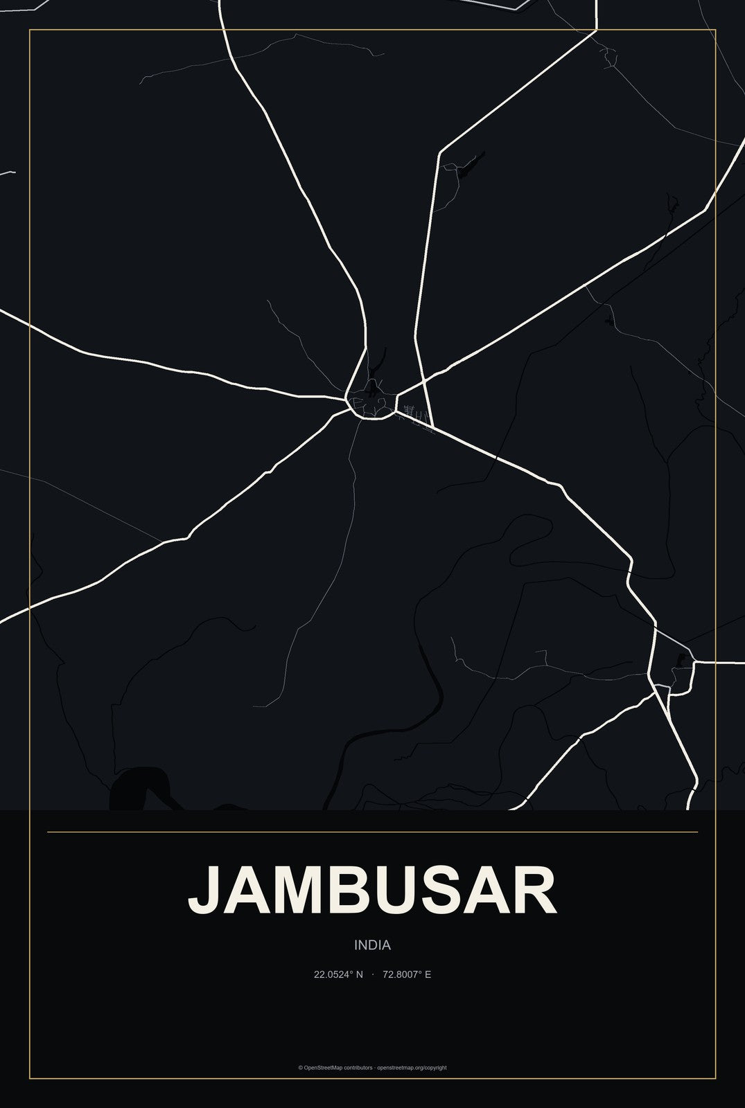 Jambusar, India City Map Aluminum Sign in Metropolitan Noir style