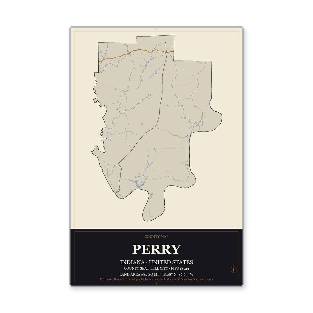 Perry County, Indiana Map Aluminum Sign in Museum Plaque style