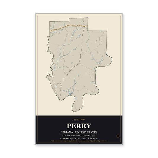 Perry County, Indiana Map Aluminum Sign in Museum Plaque style