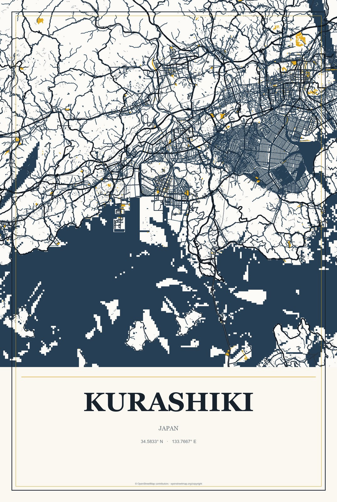 Kurashiki, Japan City Map Aluminum Sign in Citrine Modern style