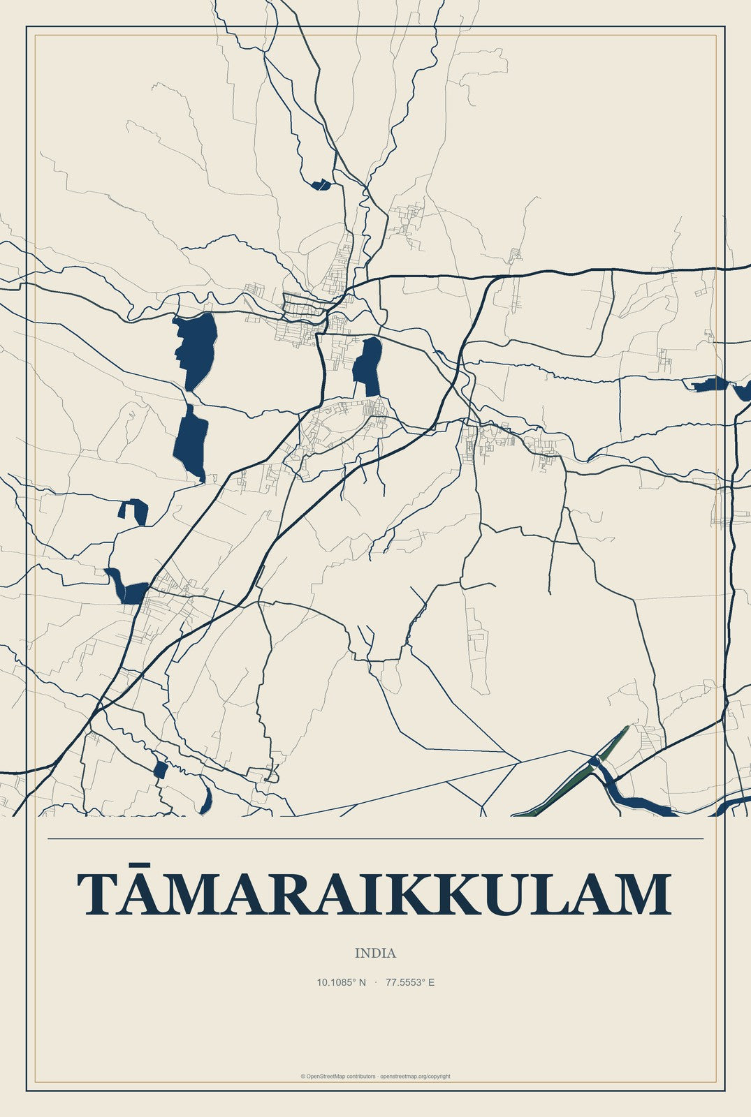 Tāmaraikkulam, India City Map Aluminum Sign in Coastal Cutout style