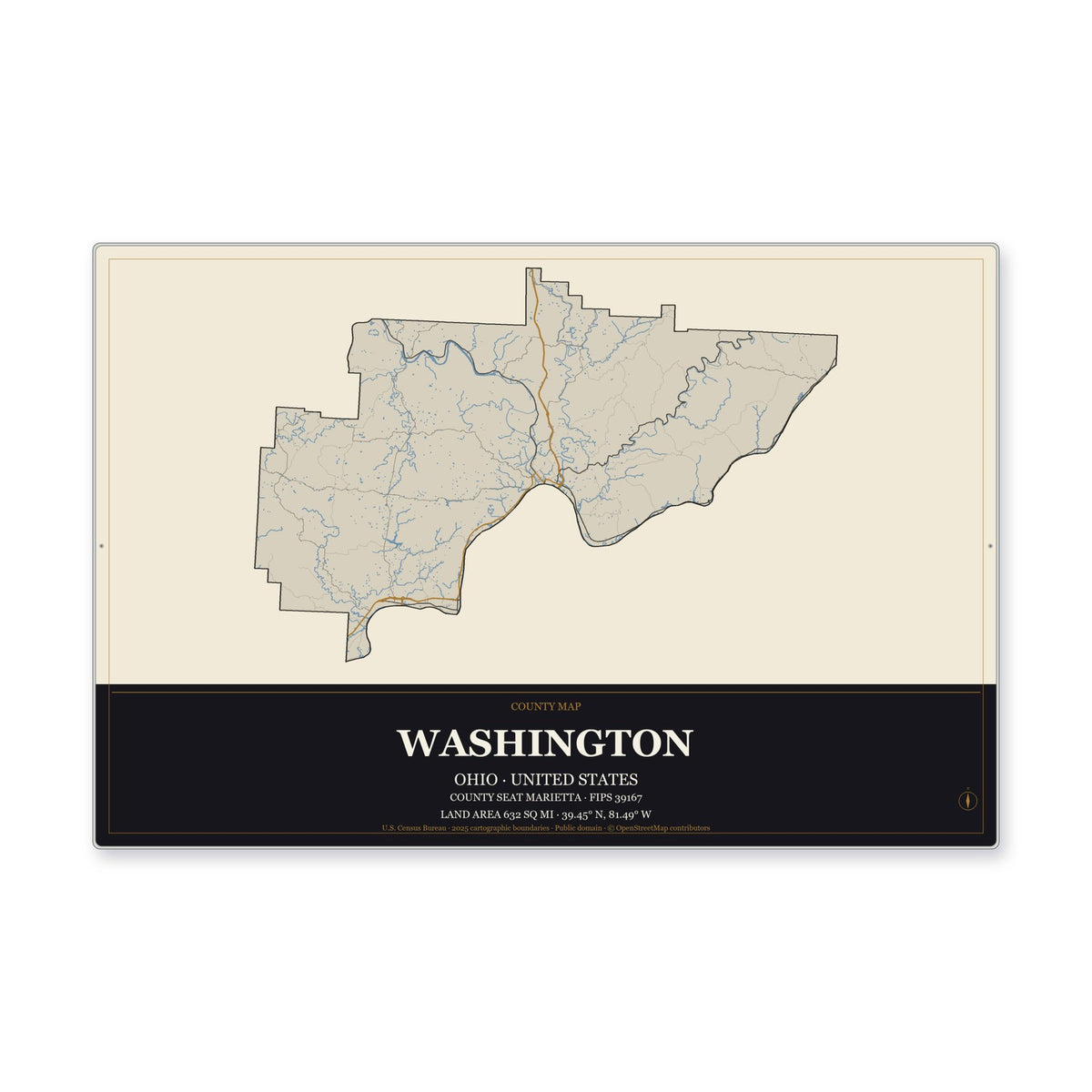 Washington County, Ohio Map Aluminum Sign in Museum Plaque style