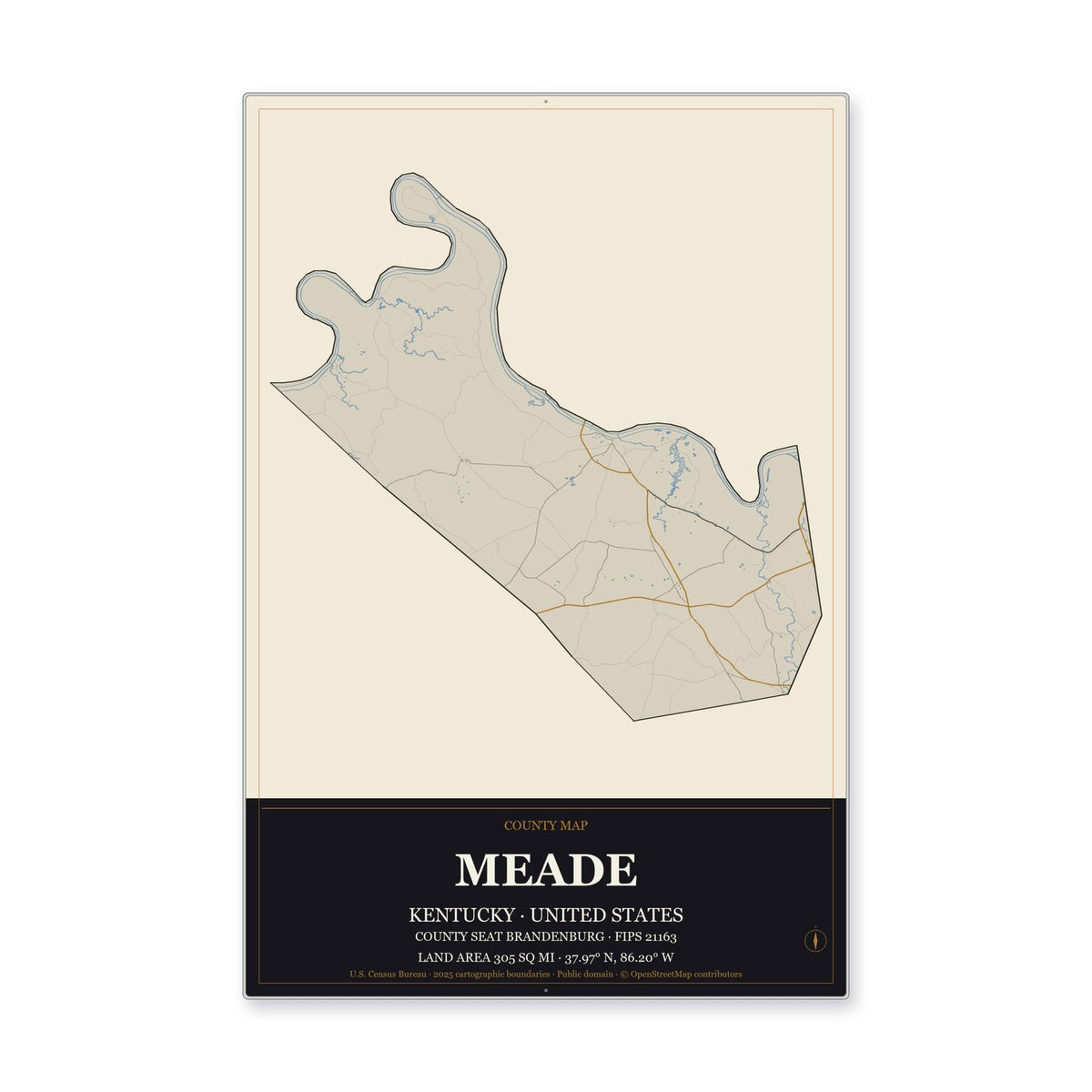 Meade County, Kentucky Map Aluminum Sign in Museum Plaque style