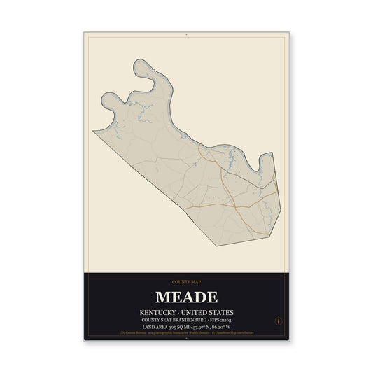 Meade County, Kentucky Map Aluminum Sign in Museum Plaque style
