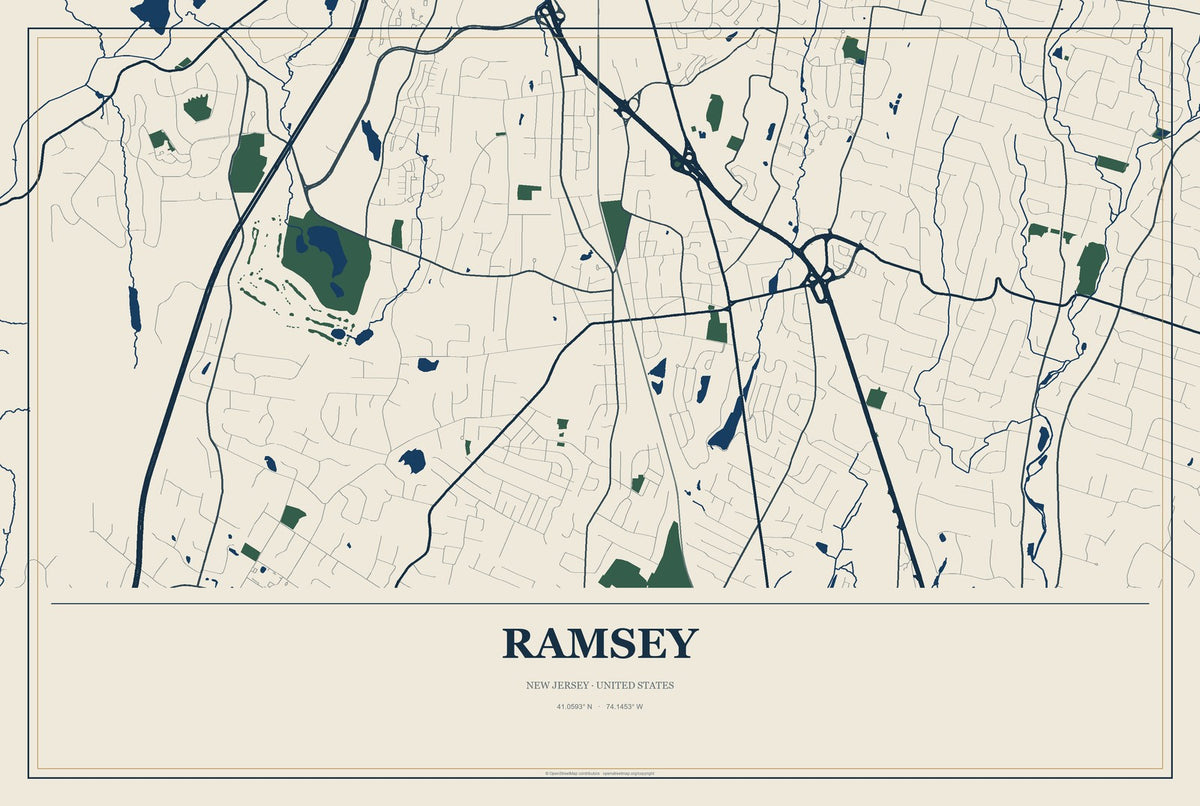 Ramsey, New Jersey City Map Aluminum Sign in Coastal Cutout style