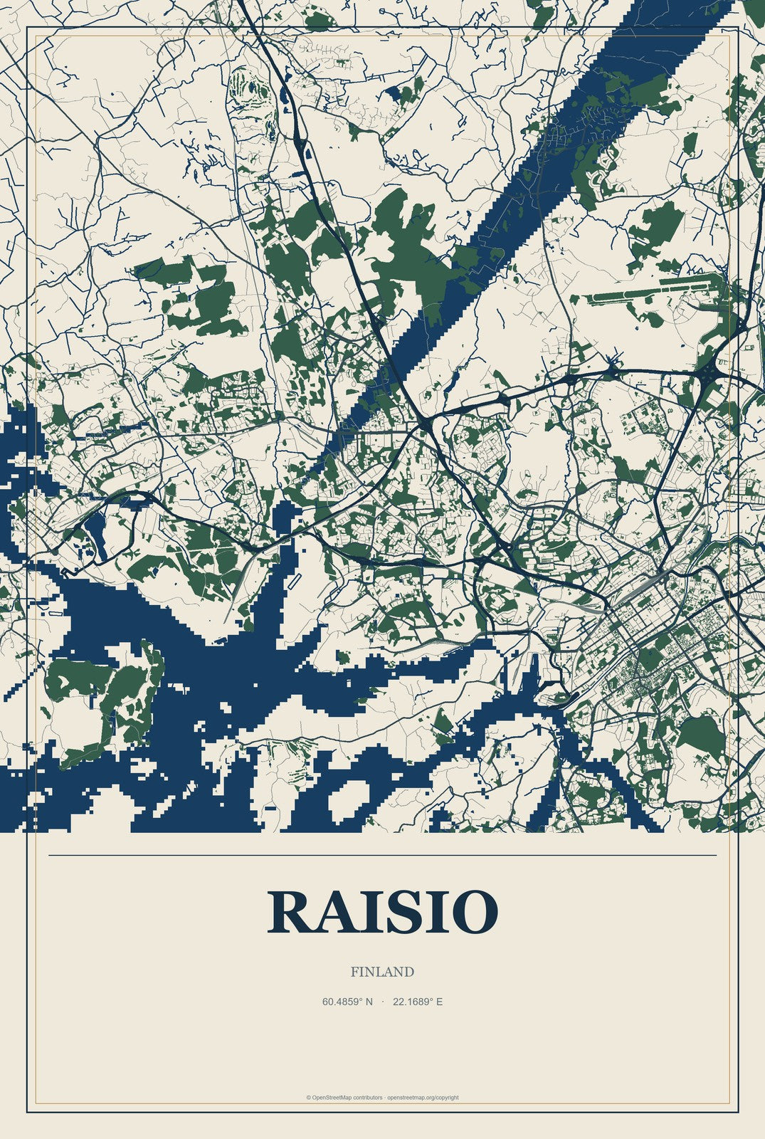Raisio, Finland City Map Aluminum Sign in Coastal Cutout style