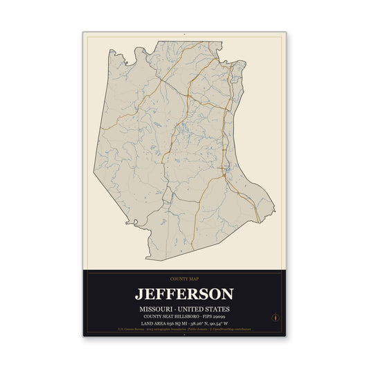 Jefferson County, Missouri Map Aluminum Sign in Museum Plaque style