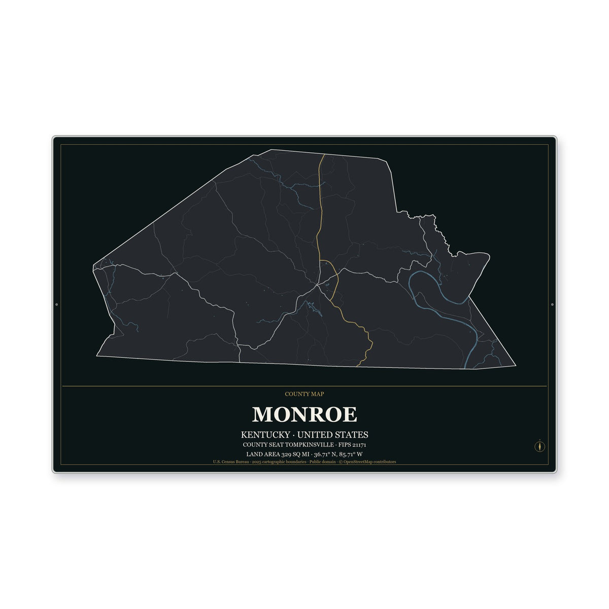 Monroe County, Kentucky Map Aluminum Sign in Metropolitan Noir style