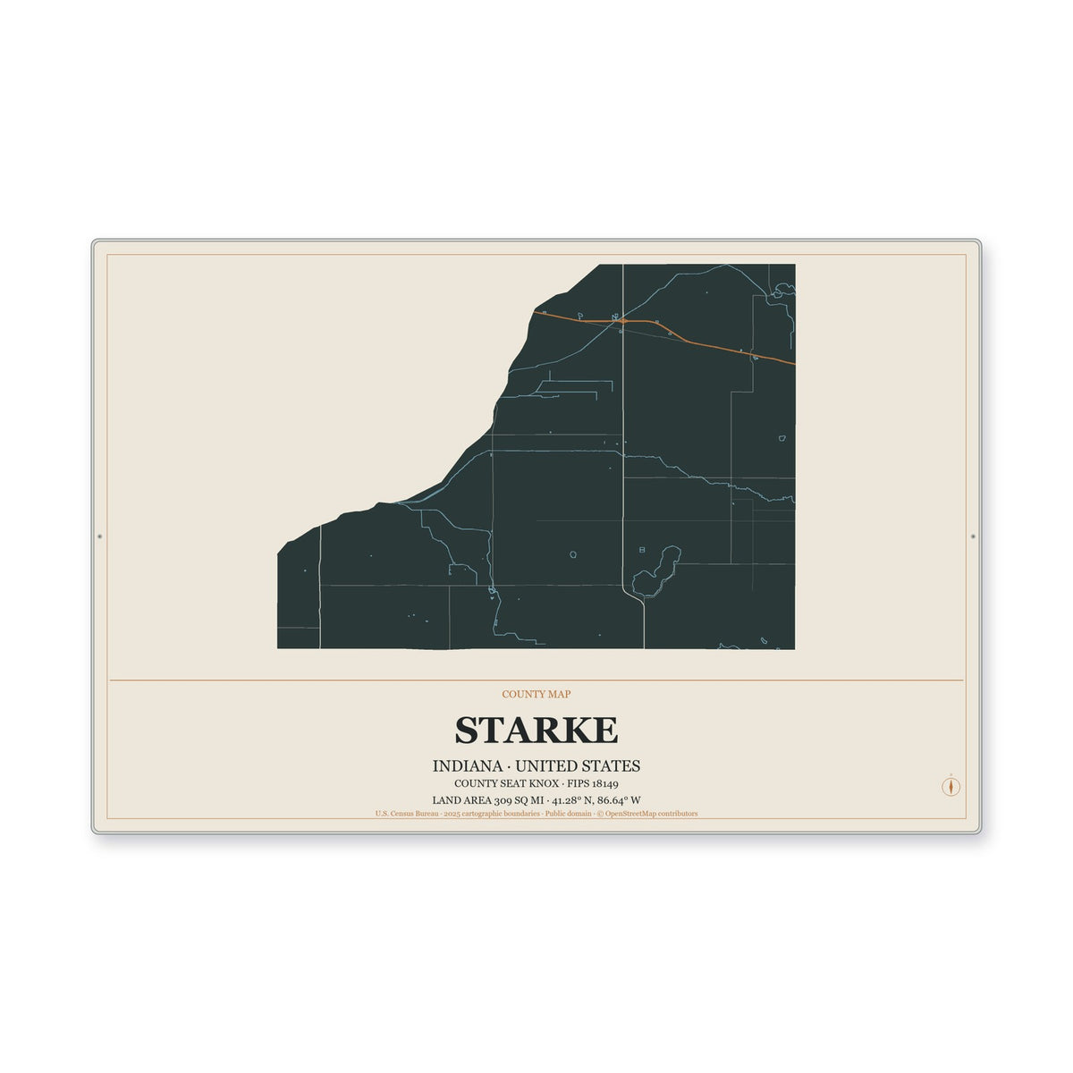 Starke County, Indiana Map Aluminum Sign in Headline Atlas style