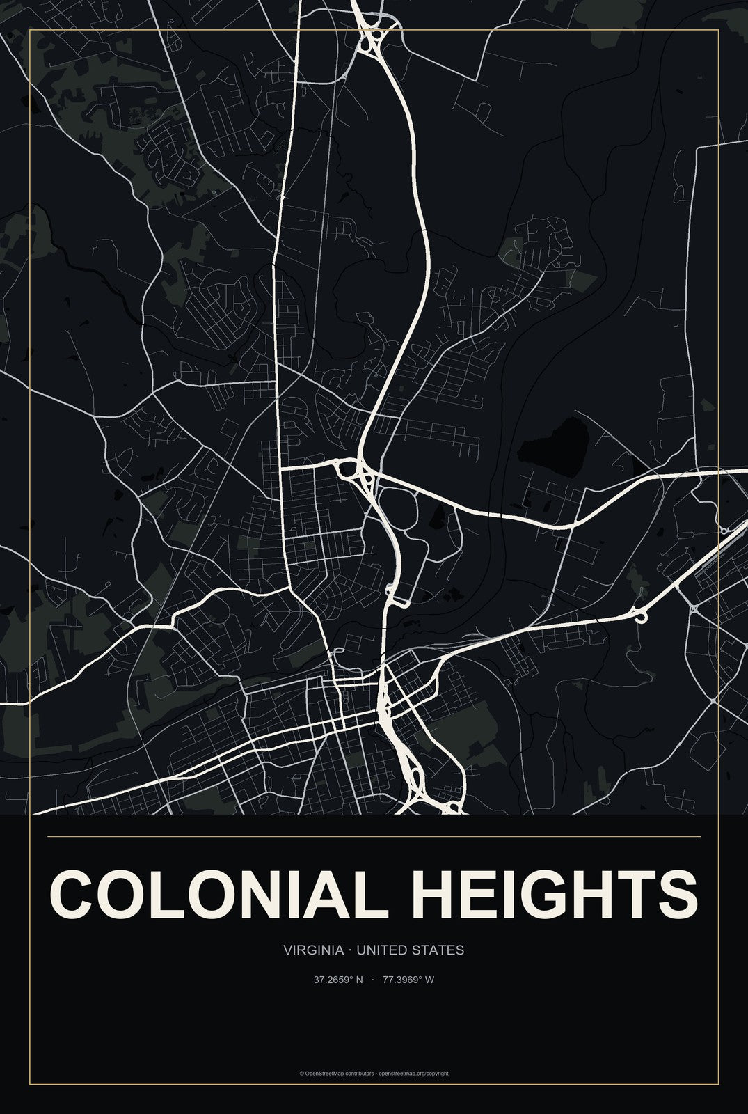 Colonial Heights, Virginia City Map Aluminum Sign in Metropolitan Noir style