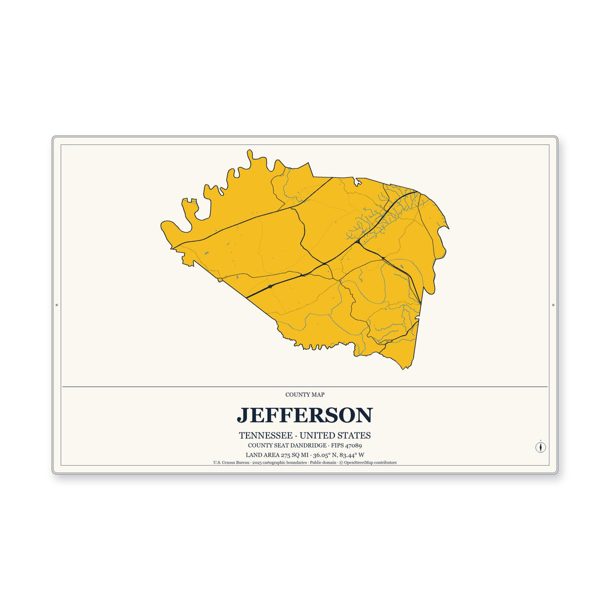Jefferson County, Tennessee Map Aluminum Sign in Citrine Modern style