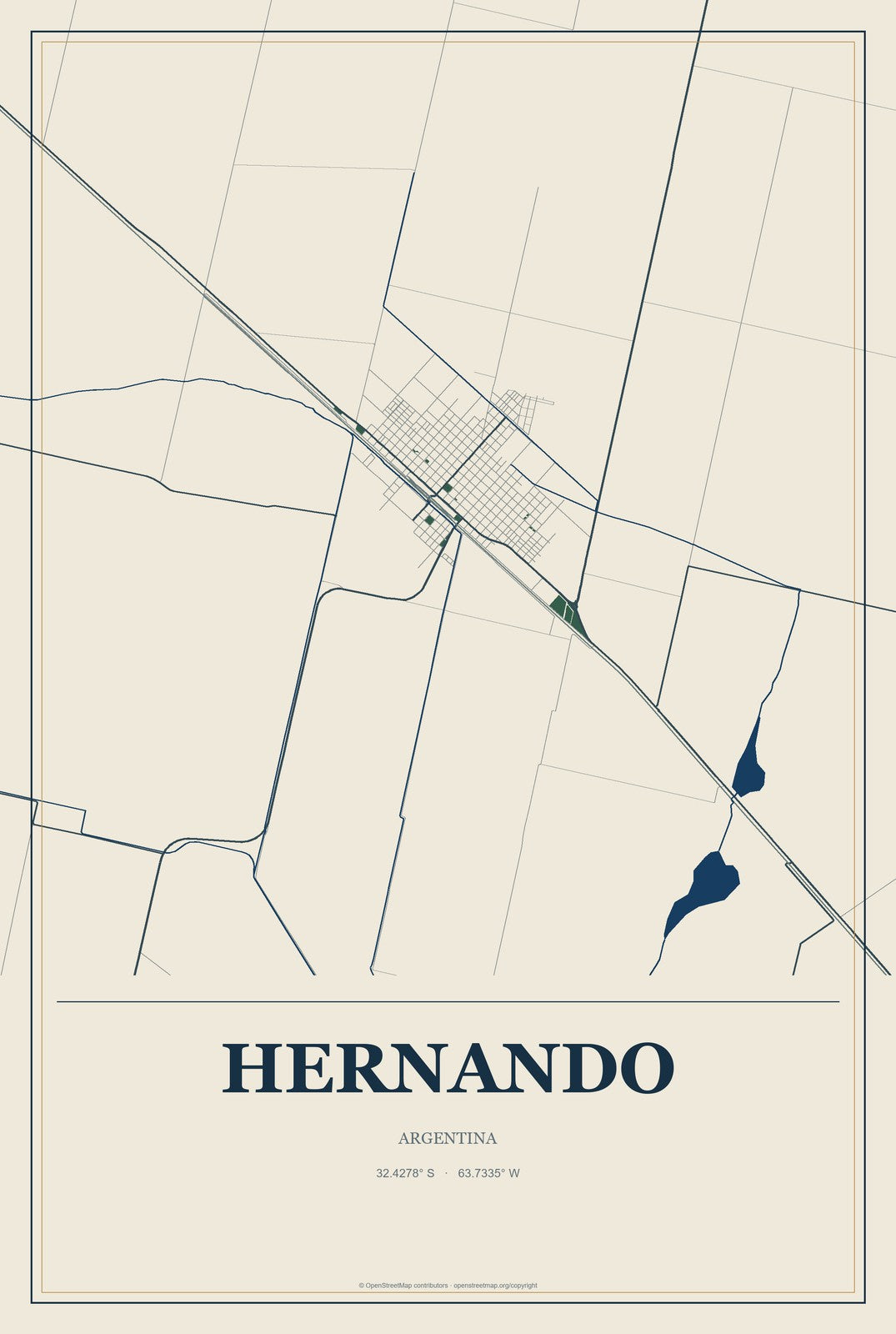 Hernando, Argentina City Map Aluminum Sign in Coastal Cutout style