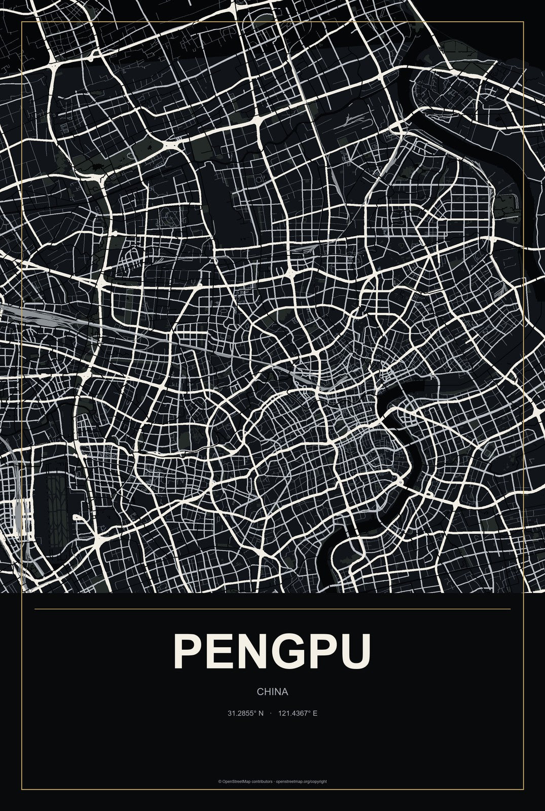 Pengpu, China City Map Aluminum Sign in Metropolitan Noir style